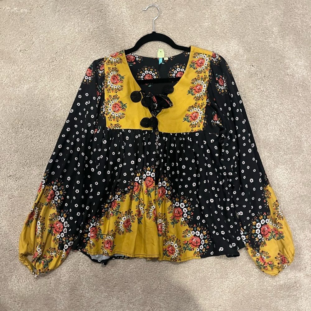 Anthropologie X Farm Rio Intarsia Top - Black and Yellow